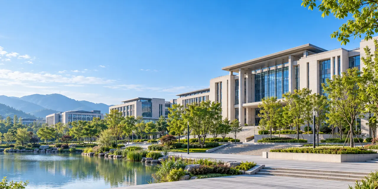 蓝天下的现代校园建筑与绿树景观，校园主题配图
